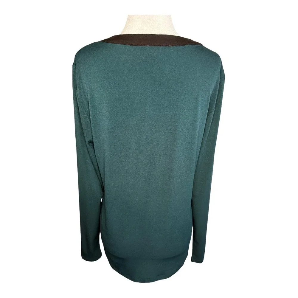 Carmen Marc Valvo Olive Green Top Long Sleeve V Neck Faux Leather Trim Small NWT - Picture 3 of 7